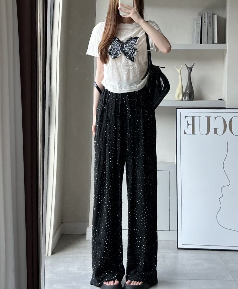 High Rise Glitter Torn Wide Leg Sweatpants