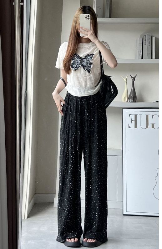 High Rise Glitter Torn Wide Leg Sweatpants