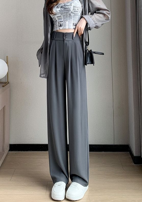 High Rise Plain Wide Leg Dress Pants