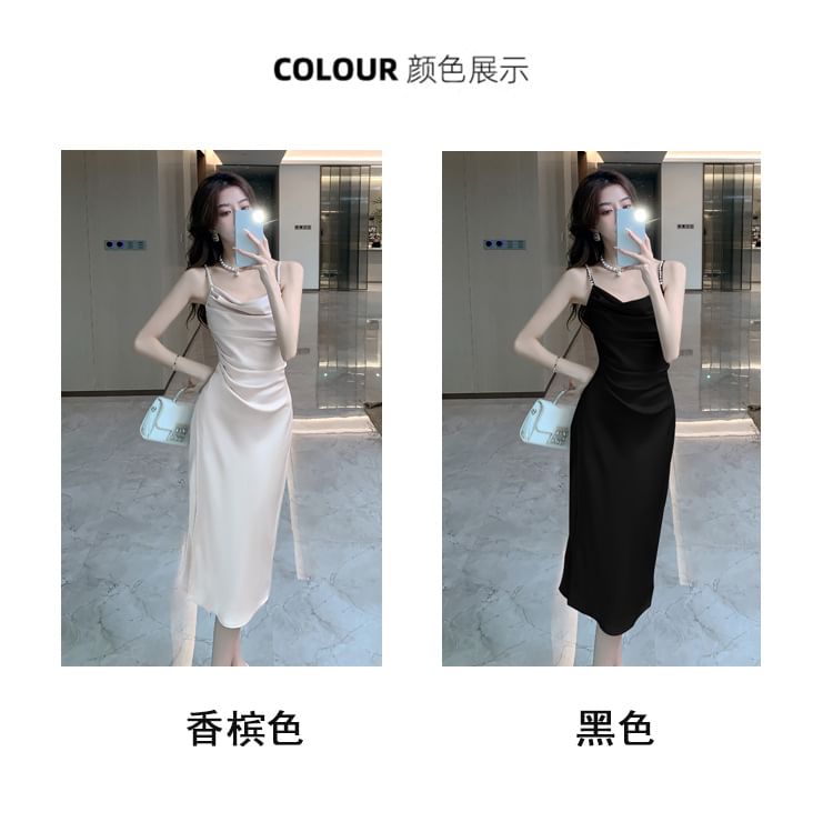 Thin Strap Cowl Neck Slit Party Midi Dress