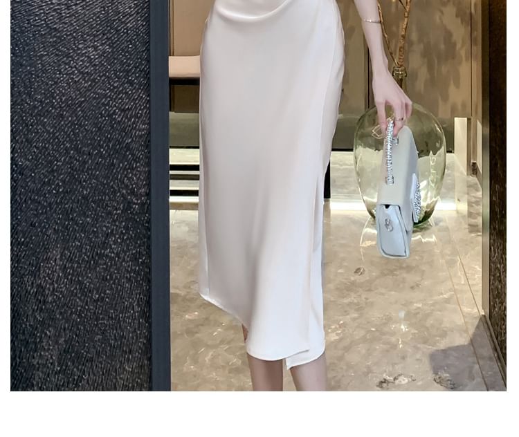 Thin Strap Cowl Neck Slit Party Midi Dress