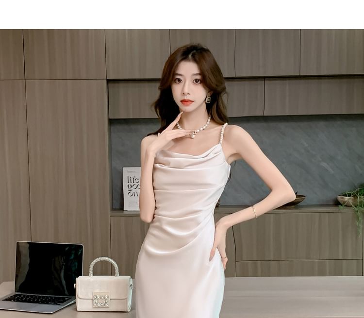Thin Strap Cowl Neck Slit Party Midi Dress