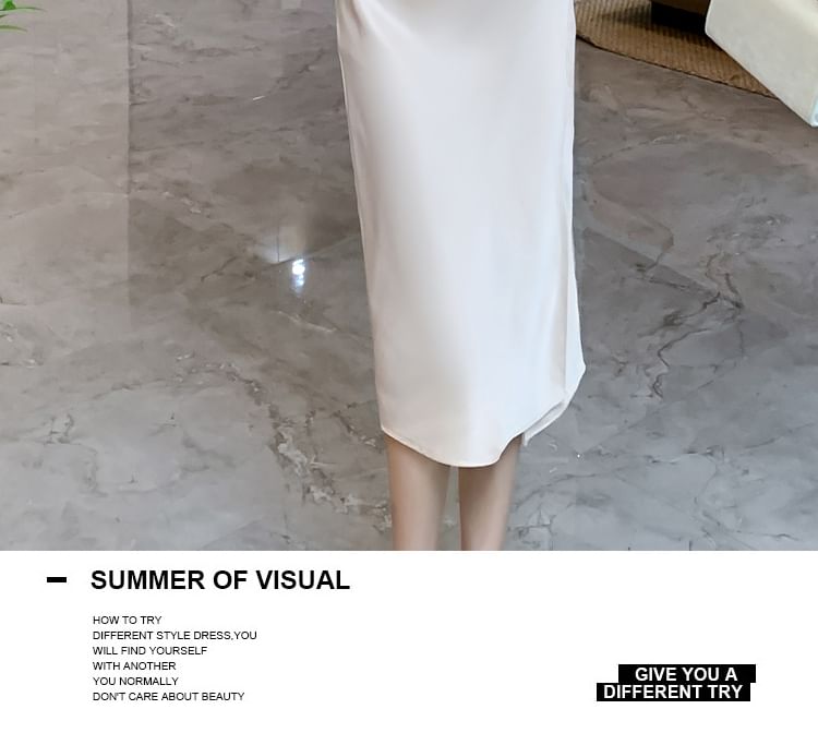 Thin Strap Cowl Neck Slit Party Midi Dress