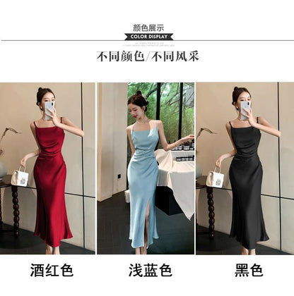 Spaghetti Strap Square Neck Plain Slit Maxi Sheath Dress