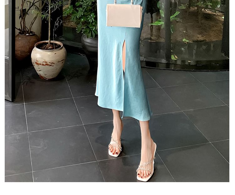 Spaghetti Strap Square Neck Plain Slit Maxi Sheath Dress