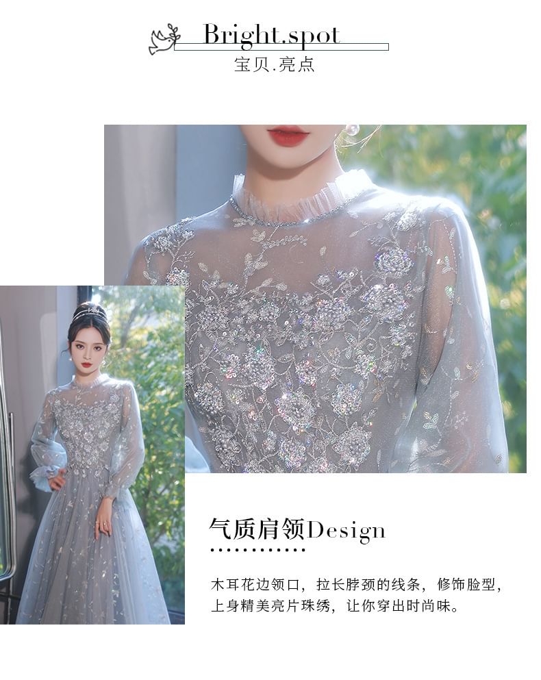 Puff-Sleeve Flower Embroidered Sequin A-Line Evening Gown