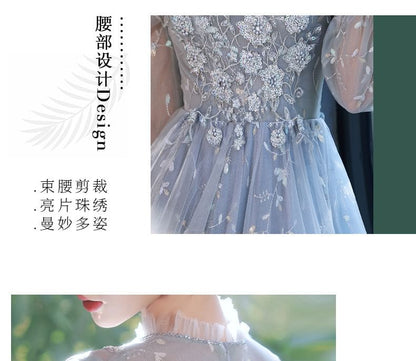 Puff-Sleeve Flower Embroidered Sequin A-Line Evening Gown