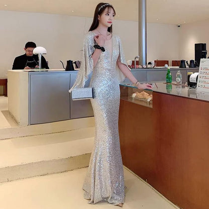 Flared-Sleeve Sequin Mermaid Evening Gown