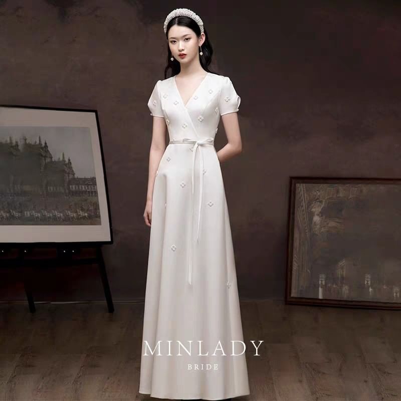 Short-Sleeve V-Neck Plain Faux Pearl A-Line Evening Gown