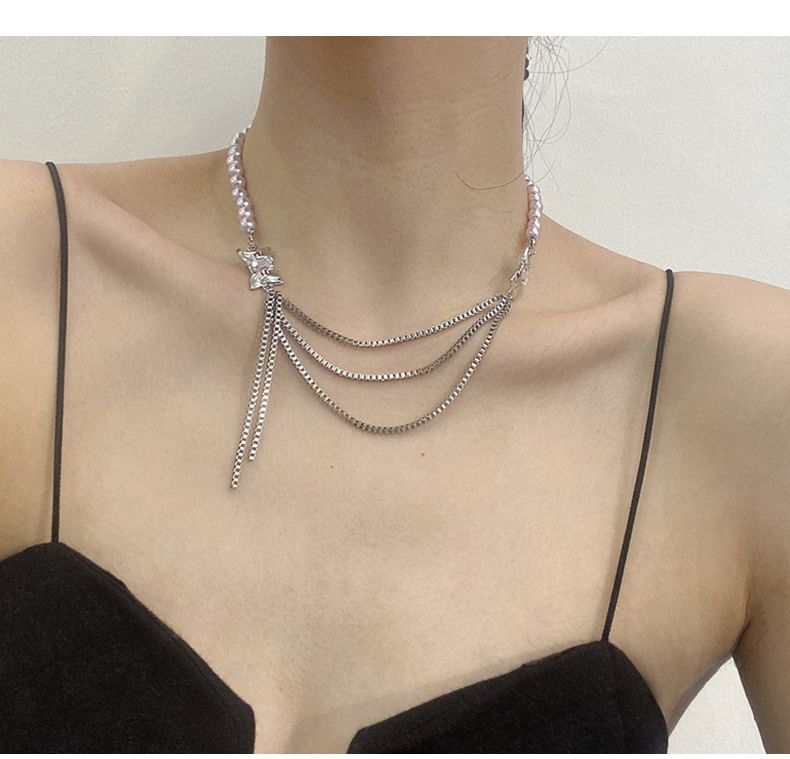 Bow Faux Pearl Layered Chain Necklace