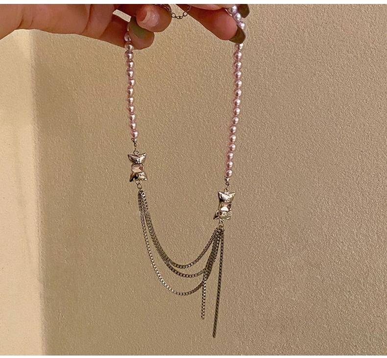 Bow Faux Pearl Layered Chain Necklace