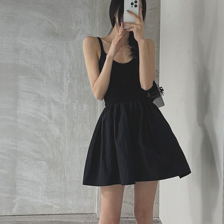 Thin Strap Solid A-Line Mini Dress