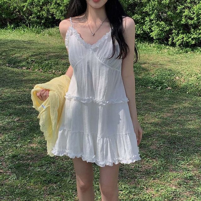 Thin Strap V-Neck Ruffle Hem Mini Dress
