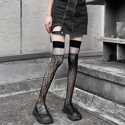 Leopard Patterned Cutout Lace Over-the-Knee Socks