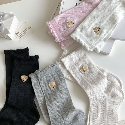 Bear Embroidered Frill Trim Socks