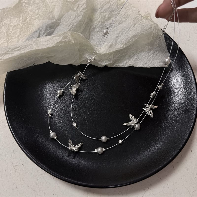 Pearl Necklace Layered Butterfly Faux