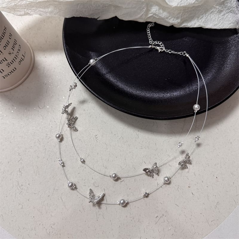 Pearl Necklace Layered Butterfly Faux