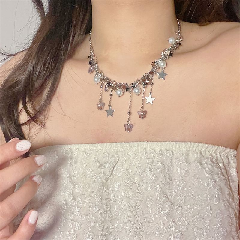 Faux Star Necklace Beaded Pearl