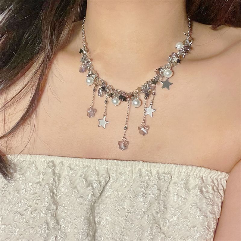 Faux Star Necklace Beaded Pearl