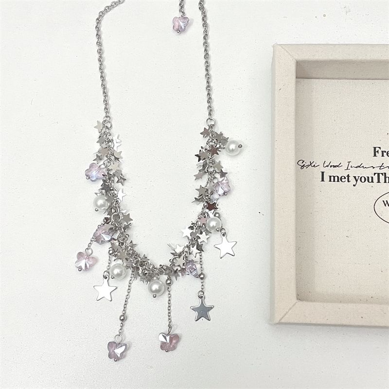 Faux Star Necklace Beaded Pearl