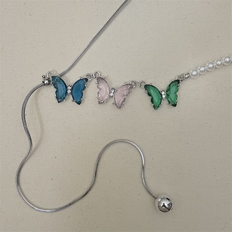 Faux Butterfly Necklace Rhinestone Pearl