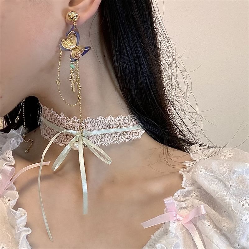 Lace Butterfly / Choker Drop Earring Bow Cross