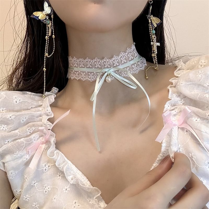 Lace Butterfly / Choker Drop Earring Bow Cross