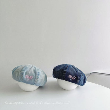 Bow Embroidered Washed Denim Beret