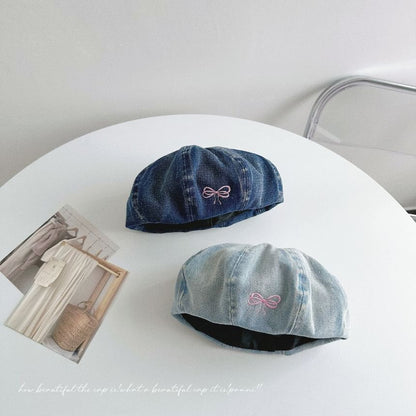 Bow Embroidered Washed Denim Beret