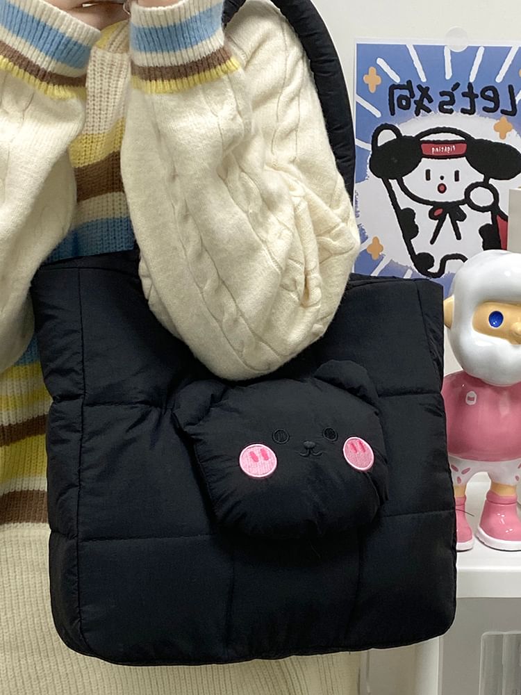 Quilted Tote Bear Applique Bag Nylon