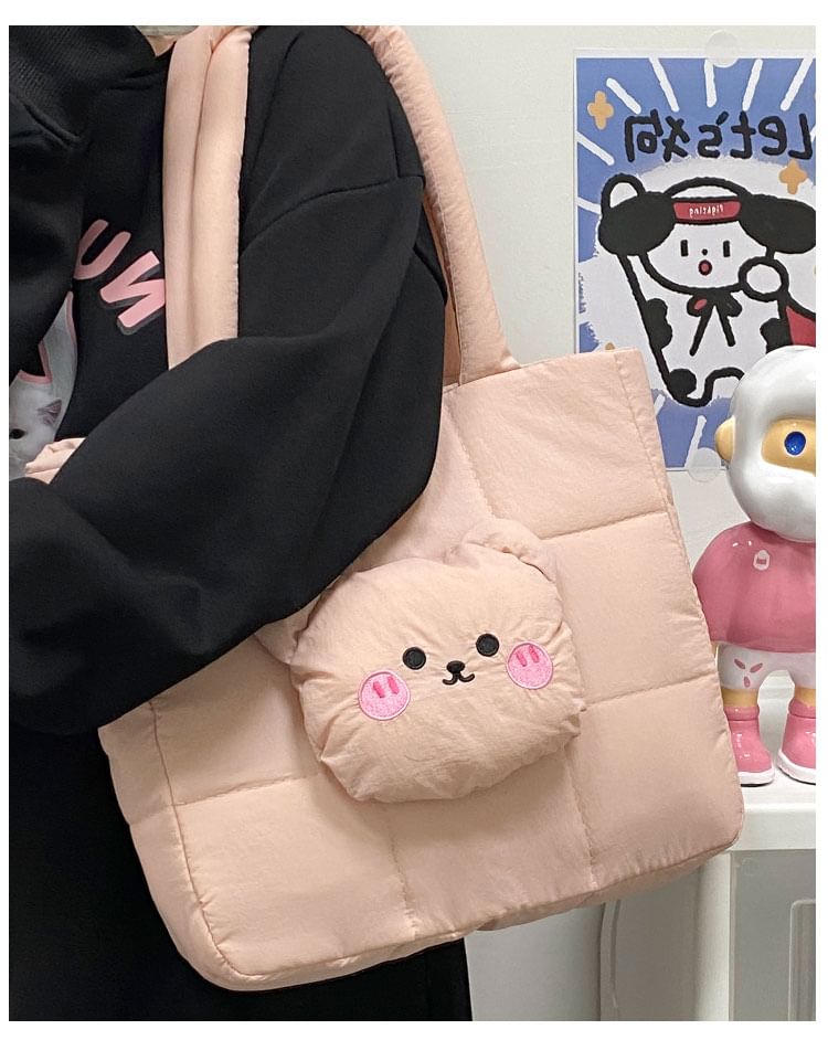 Quilted Applique Bear Tote Nylon Bag