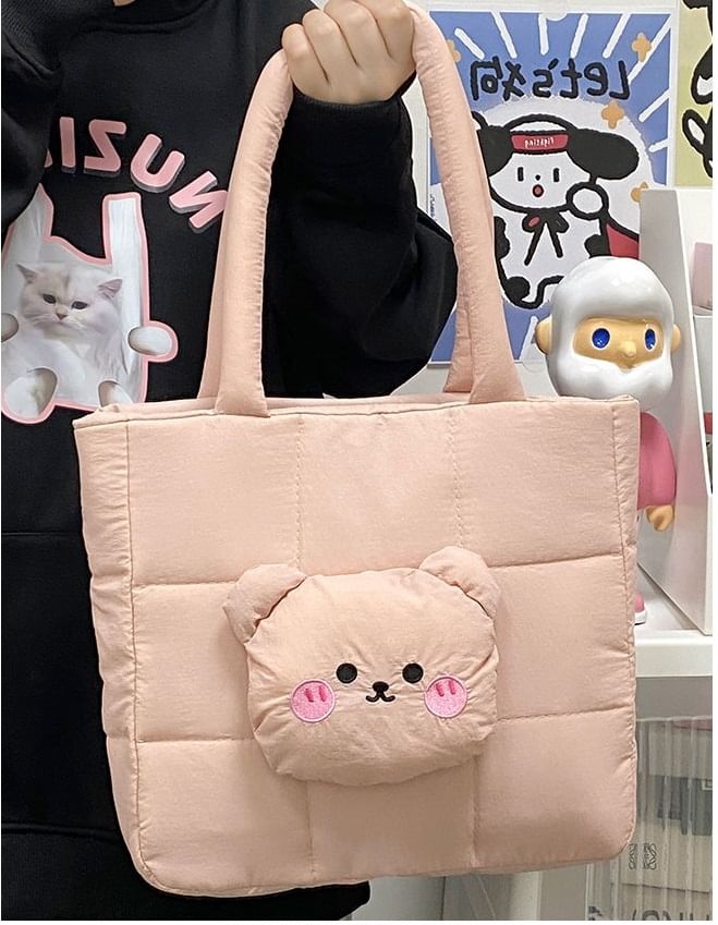 Quilted Applique Bear Tote Nylon Bag