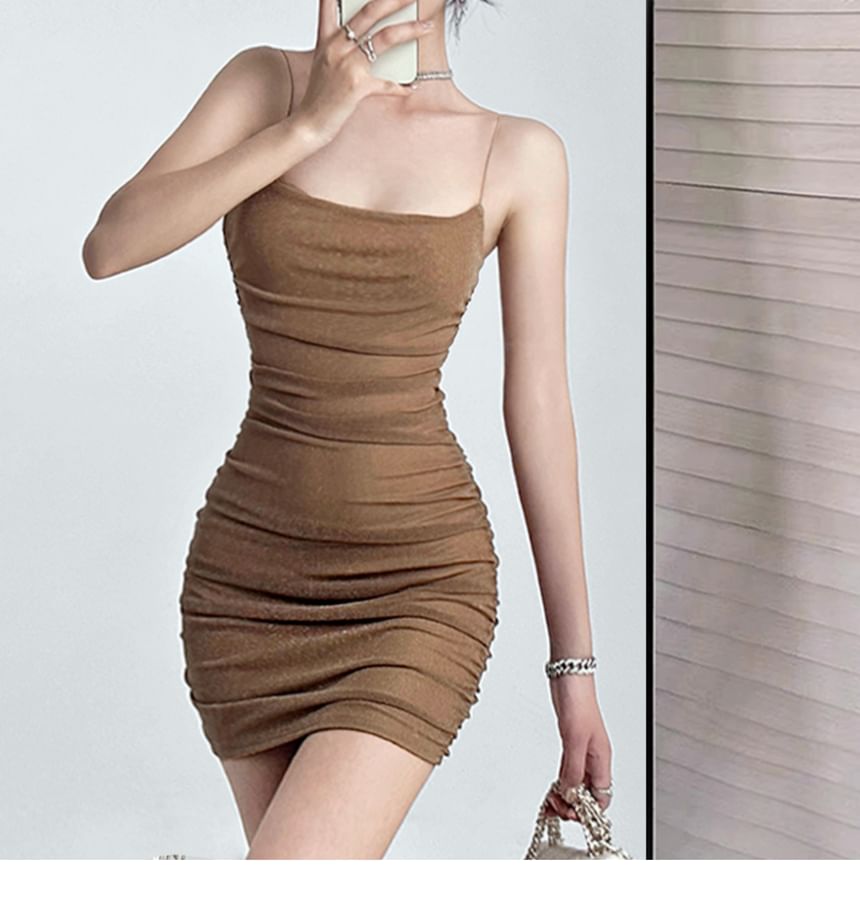Thin Strap Glitter Ruched Mini Bodycon Dress
