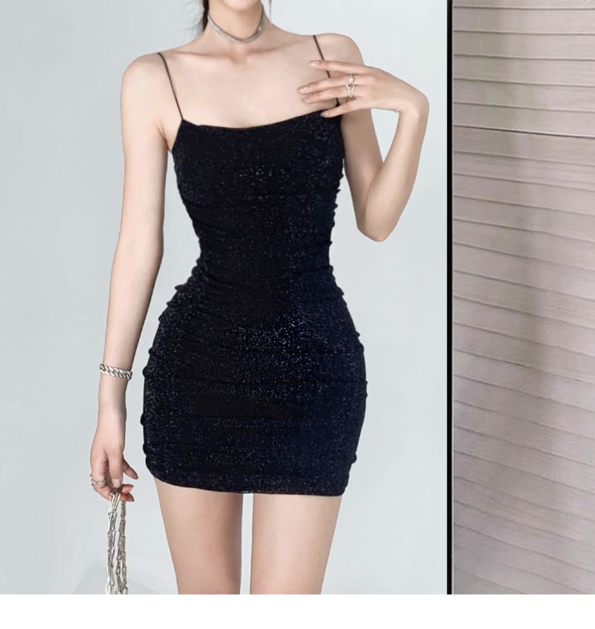 Thin Strap Glitter Ruched Mini Bodycon Dress