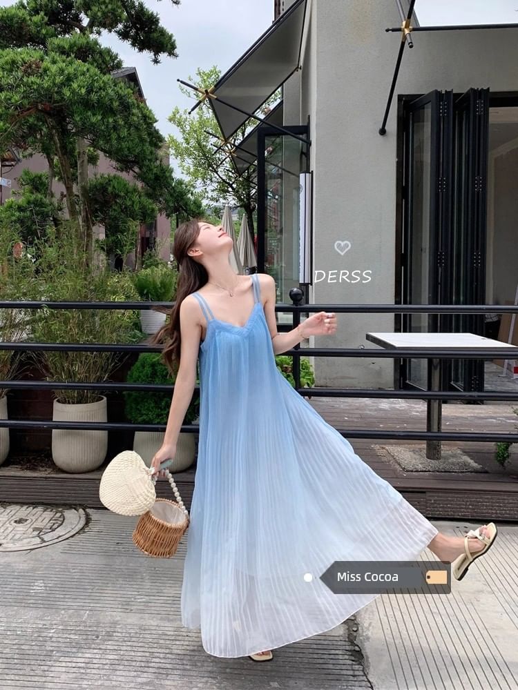 Thin Strap Gradient Midi A-Line Dress