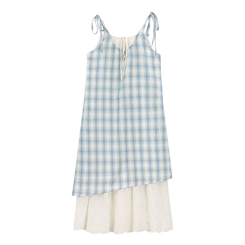 Two-Tone Plaid Panel Midi A-Line Dress with Thin Straps
