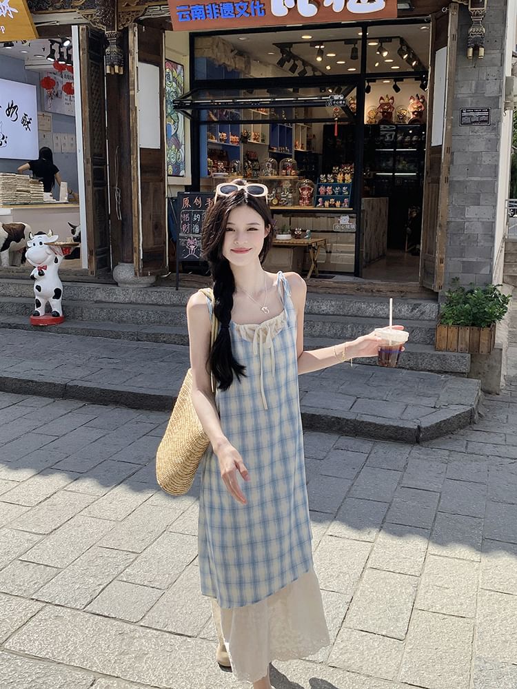 Two-Tone Plaid Panel Midi A-Line Dress with Thin Straps