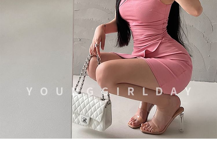 Thin Strap Solid Asymmetrical Ruched Mini Bodycon Dress