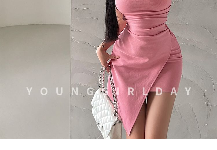 Thin Strap Solid Asymmetrical Ruched Mini Bodycon Dress