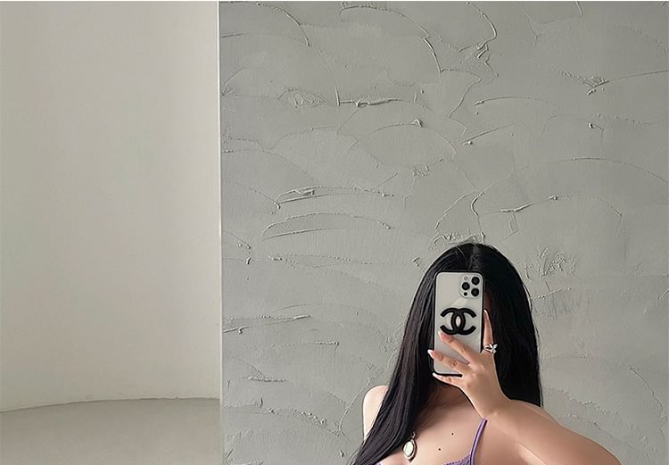 Thin Strap Solid Panel Lace Mini Sheath Dress / Solid Cardigan