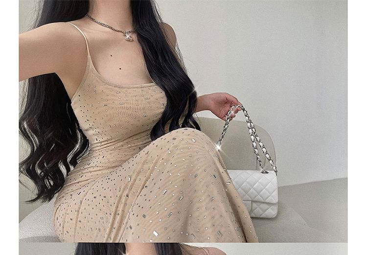 Sequin Mesh Maxi Sheath Dress with Rhinestone Straps