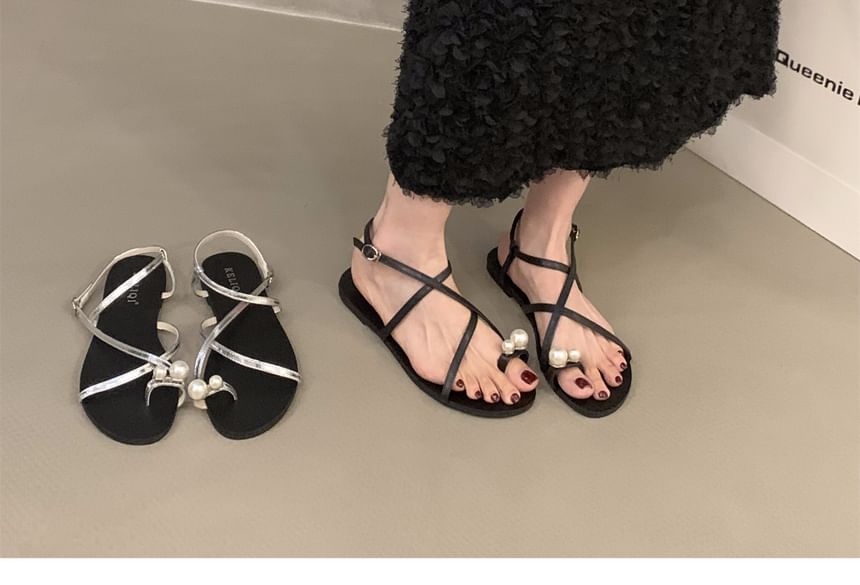 Faux Pearl Toe-Loop Sandals