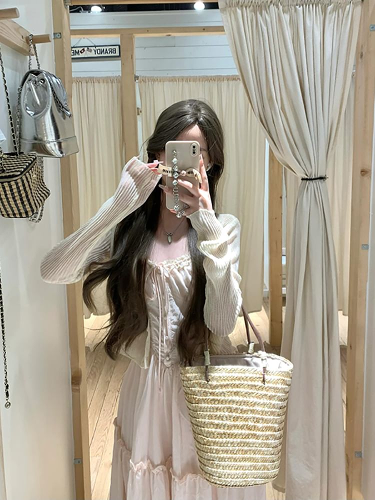 Solid Ribbed Cardigan / Thin Strap Lace Trim Ruffle Maxi A-Line Dress