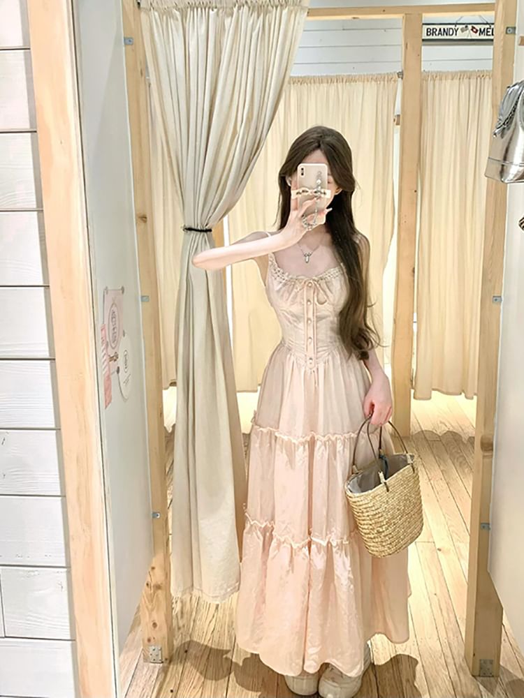 Solid Ribbed Cardigan / Thin Strap Lace Trim Ruffle Maxi A-Line Dress