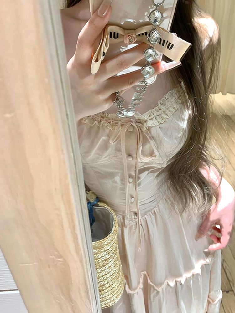 Solid Ribbed Cardigan / Thin Strap Lace Trim Ruffle Maxi A-Line Dress