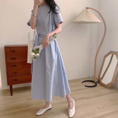 Short-Sleeve Round Neck Plain Sashed Midi A-Line Dress