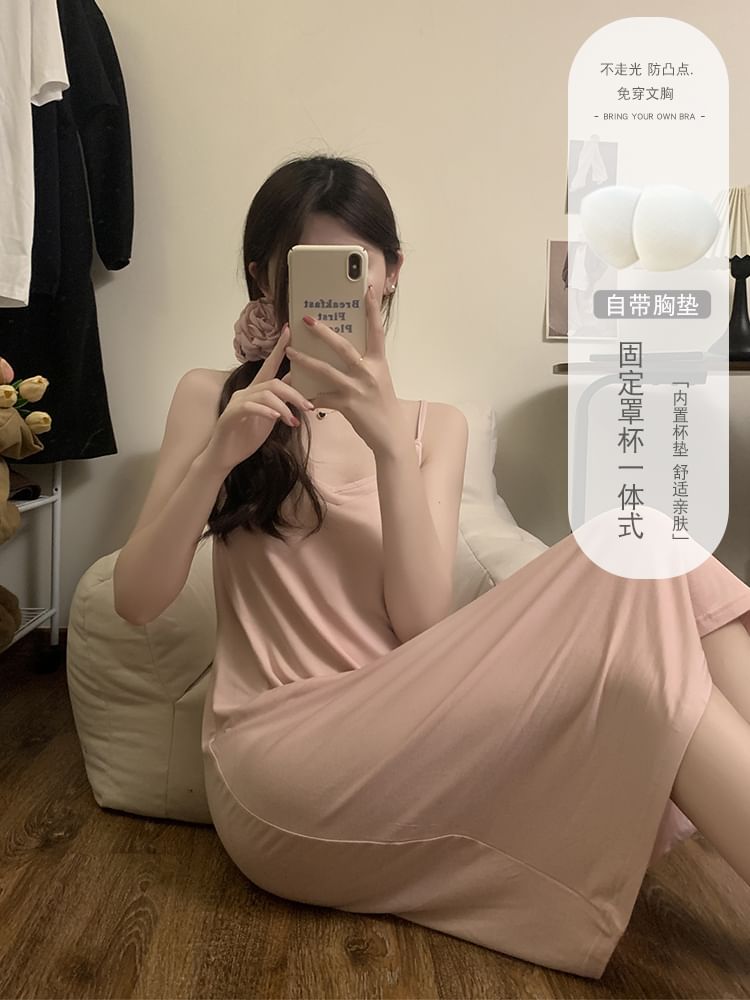 Padded V-Neck Pajama Dress with Thin Shoulder Straps
