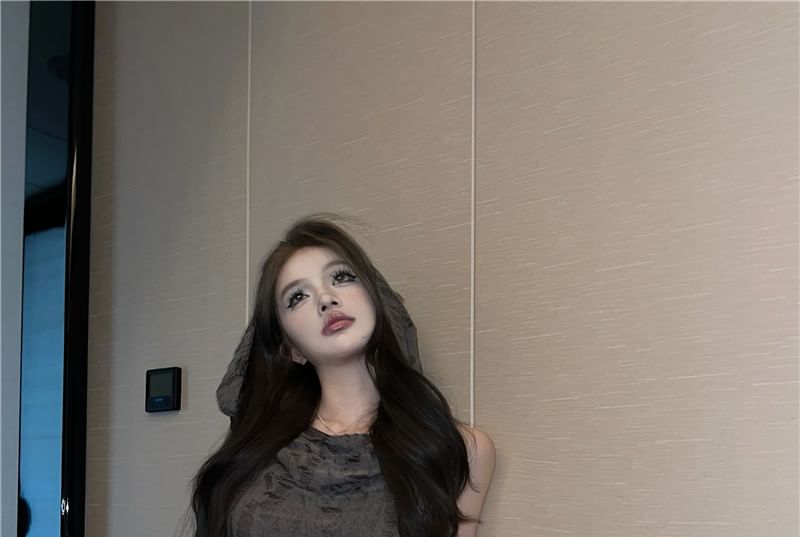 + Plain Top Slim Cowl Hooded Gloves Tank Crop Fit Neck Set: Distressed Long