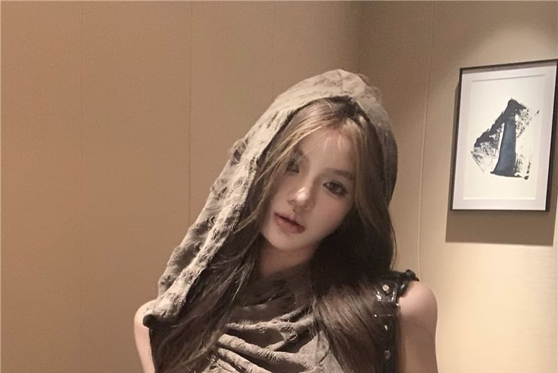 + Plain Top Slim Cowl Hooded Gloves Tank Crop Fit Neck Set: Distressed Long