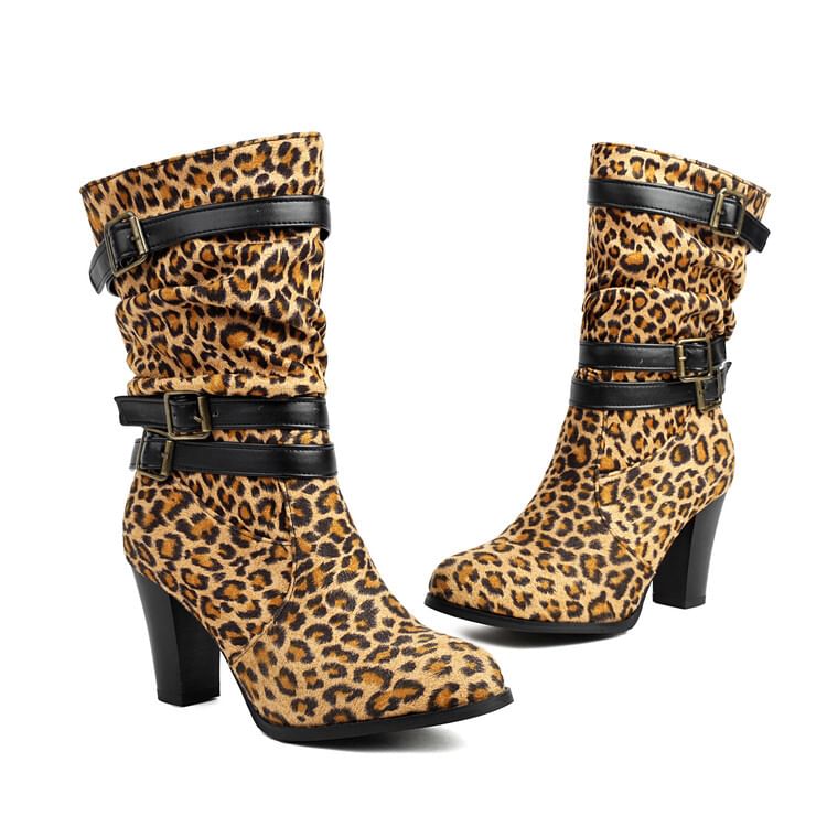 Boots Mid-Calf Heel Chunky Buckled